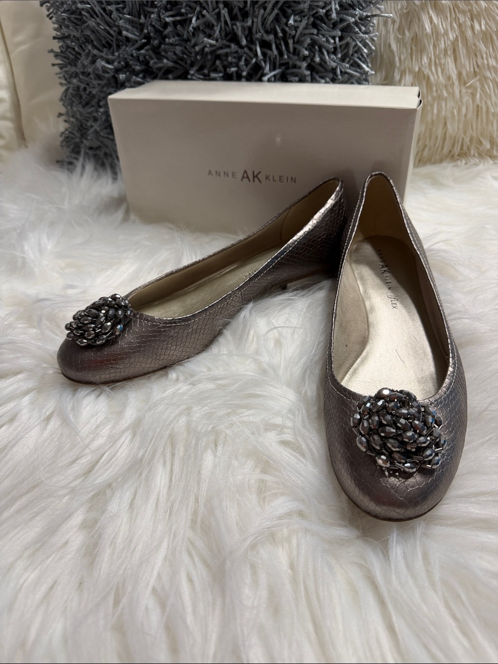 Anne Klein iFlex "Prissisa" Metallic Pewter Embellished Ballet Flats - Size 10M